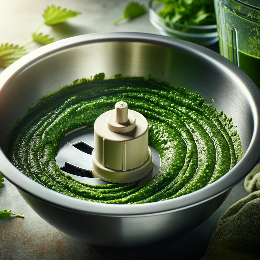 green nettle puree in a metal mixing bowl during the preparation phase of making nettle pasta