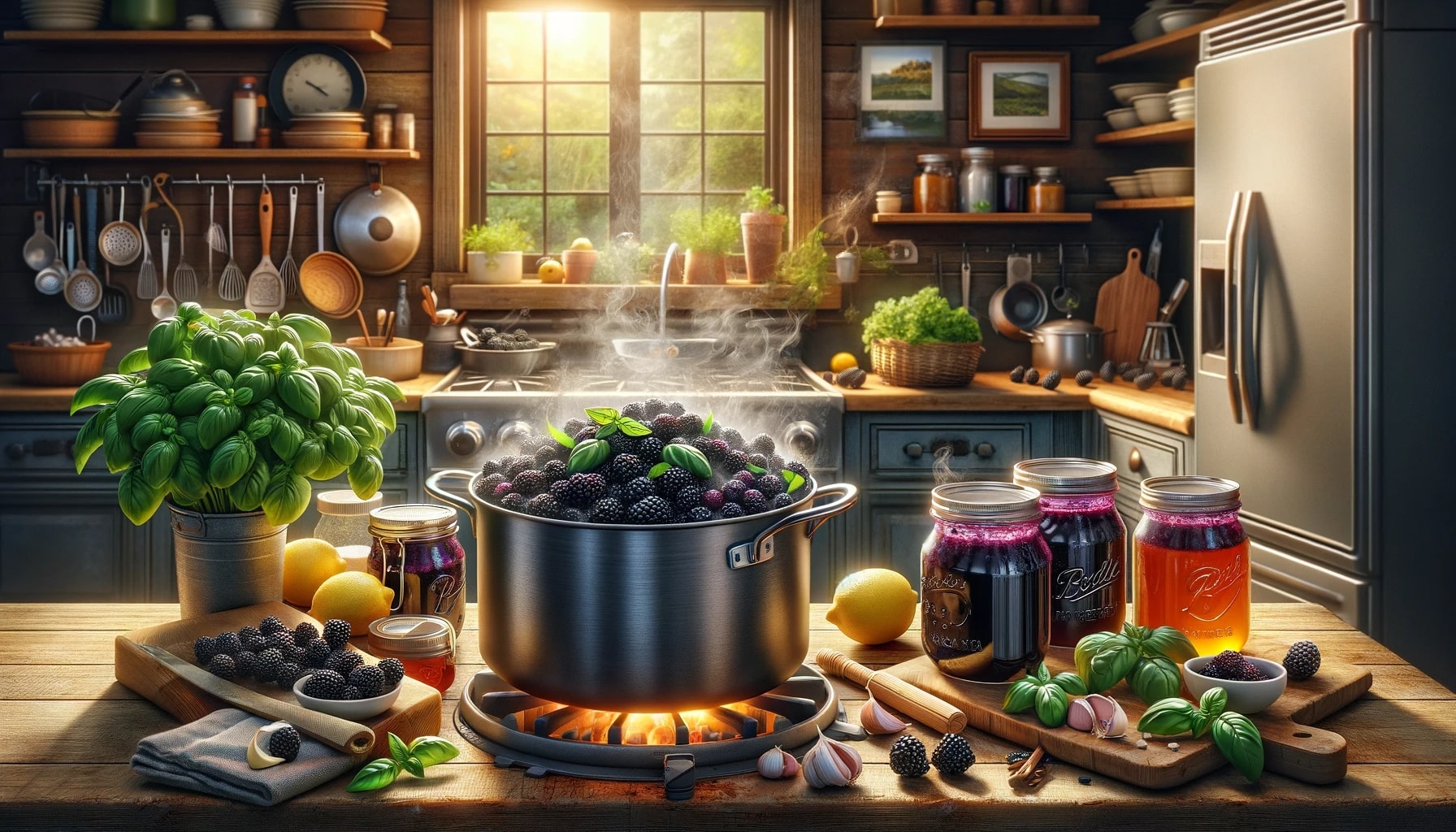 An illustration of making Blackberry Vanilla Basil Jam. It illustrates the cozy and inviting kitchen setting where the jam-making process is taking place.