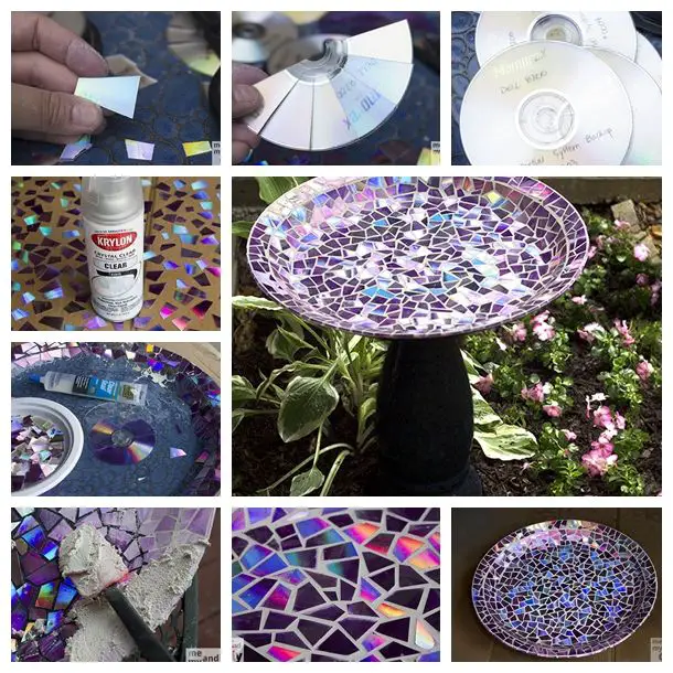 Mosaic Tile Birdbath using Recycled DVDs Project