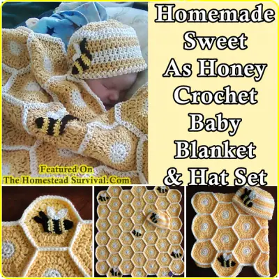 Homemade Sweet As Honey Crochet Baby Blanket and Hat Set