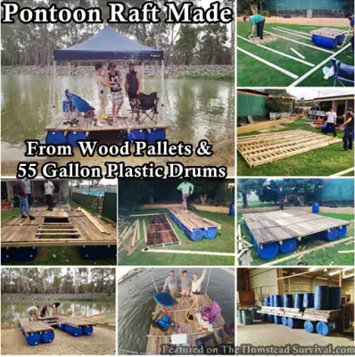 Pontoon Raft Made From Wood Pallets And 55 Gallon Plastic Drums