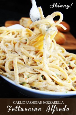 Skinny Garlic Parmesan Mozzarella Fettuccine Alfredo Pasta
