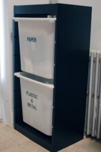 Recycling Holder from Apartment Therapy If you are handy you could build this yourself.
