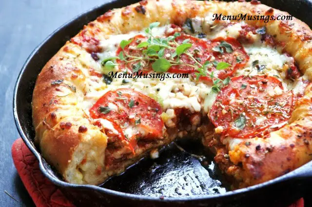 Deep Dish Pizza Cooked in Cast Iron Skillet