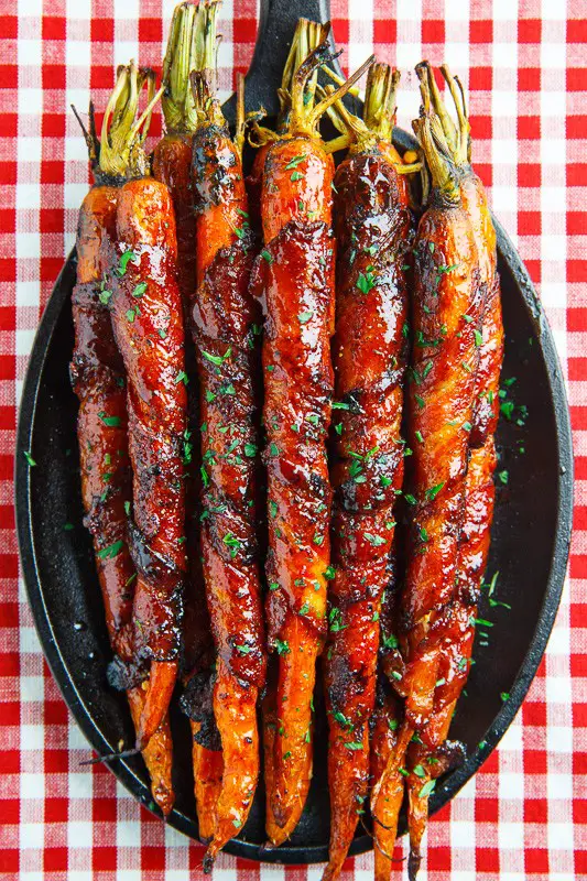 Cast Iron Maple Glazed Bacon Wrapped Roasted Carrots 