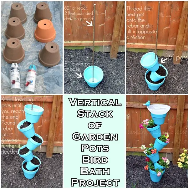 Vertical Stack of Garden Pots Bird Bath Project