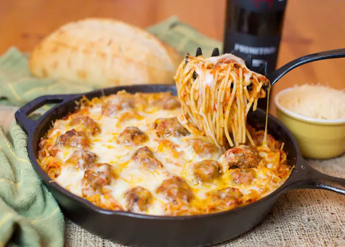 Cast Iron Baked Spaghetti and Meatballs Recipe