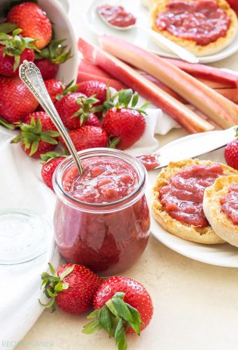 Fridge Jam Made with Strawberries Rhubarb Vanilla and Cardamom