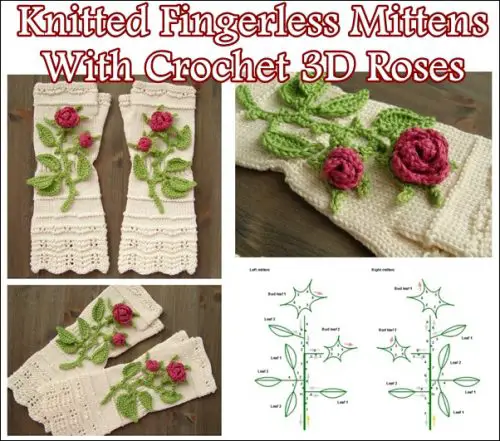 Knitted Fingerless Mittens With Crochet 3D Roses