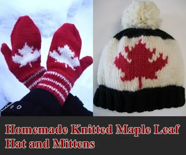 Homemade Knitted Maple Leaf Hat and Mittens
