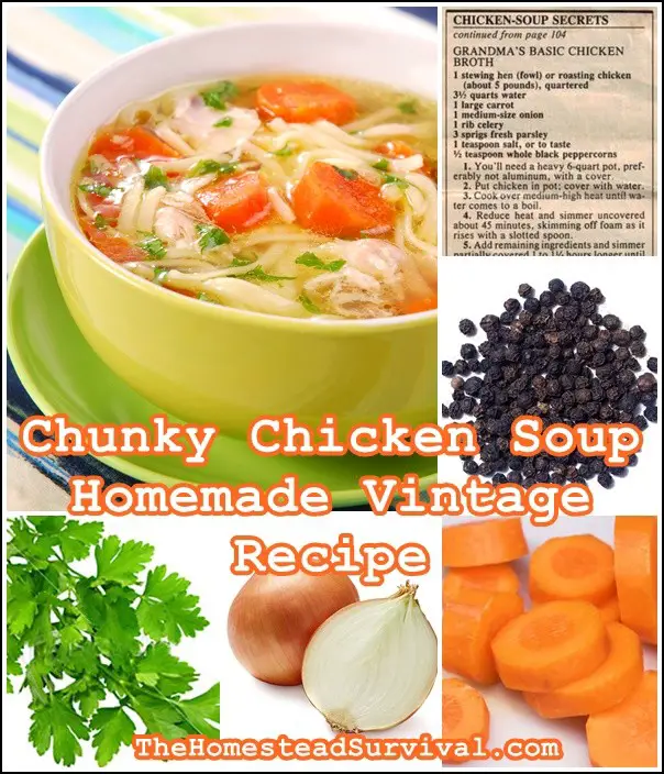 Chunky Chicken Soup Homemade Vintage Recipe - The Homestead Survival - Old Fashioned Cooking