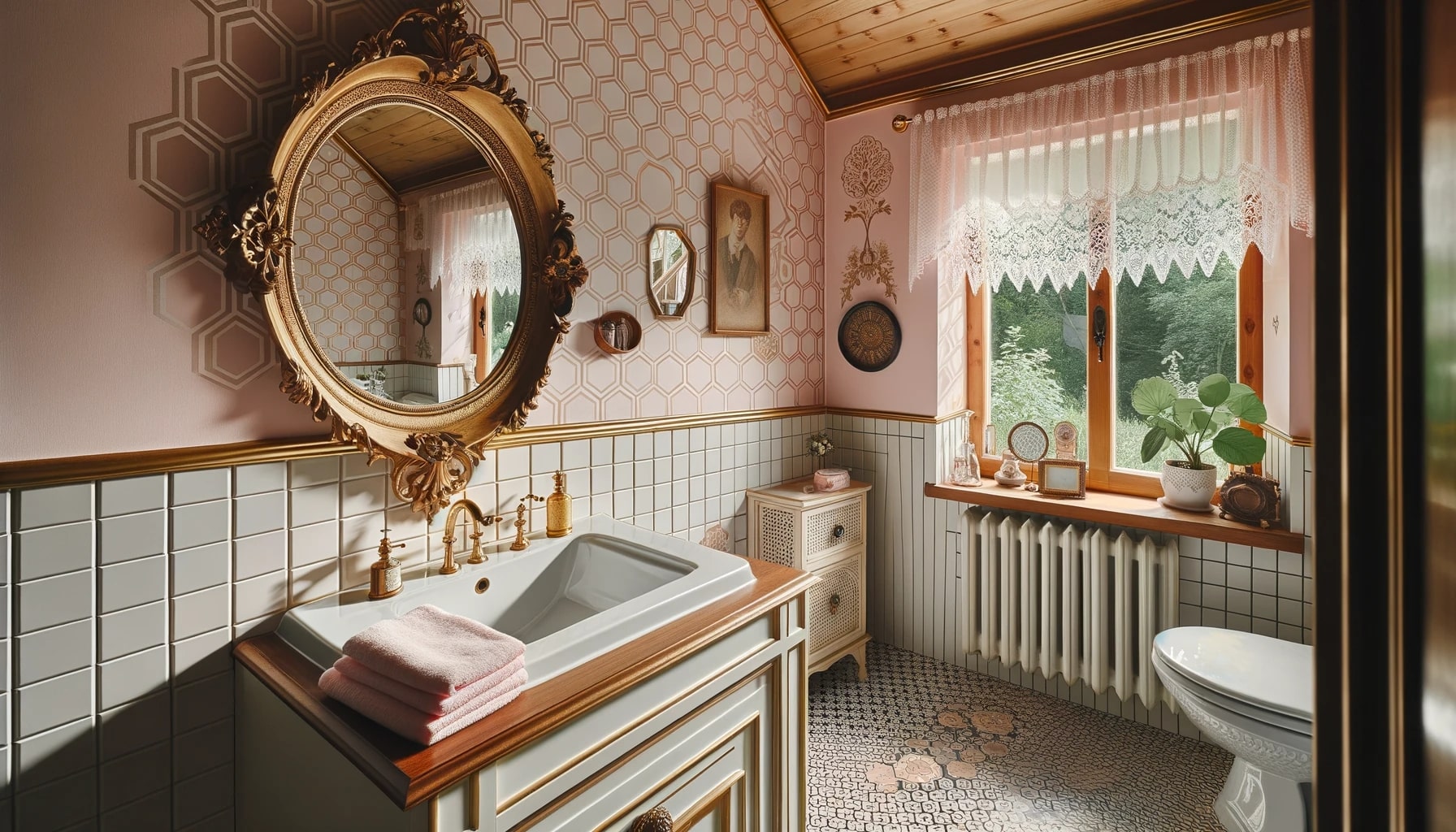 Photo of a 60s-inspired bathroom in a cozy cottage setting, featuring soft pink walls, geometric patterned wallpaper, hexagonal floor tiles, and wooden accents. A gilded ornate mirror hangs above a porcelain sink, and lace curtains frame a window overlooking a garden.