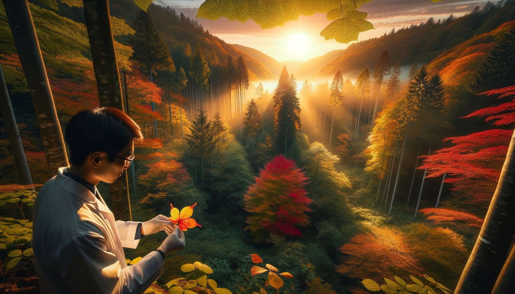 A breathtaking view of a dense forest at the cusp of autumn. Sunlight filters through trees, revealing a mix of green and fiery autumn colors. In the foreground, a scientist of Asian descent examines a colorful leaf, with the setting sun enhancing the backdrop.