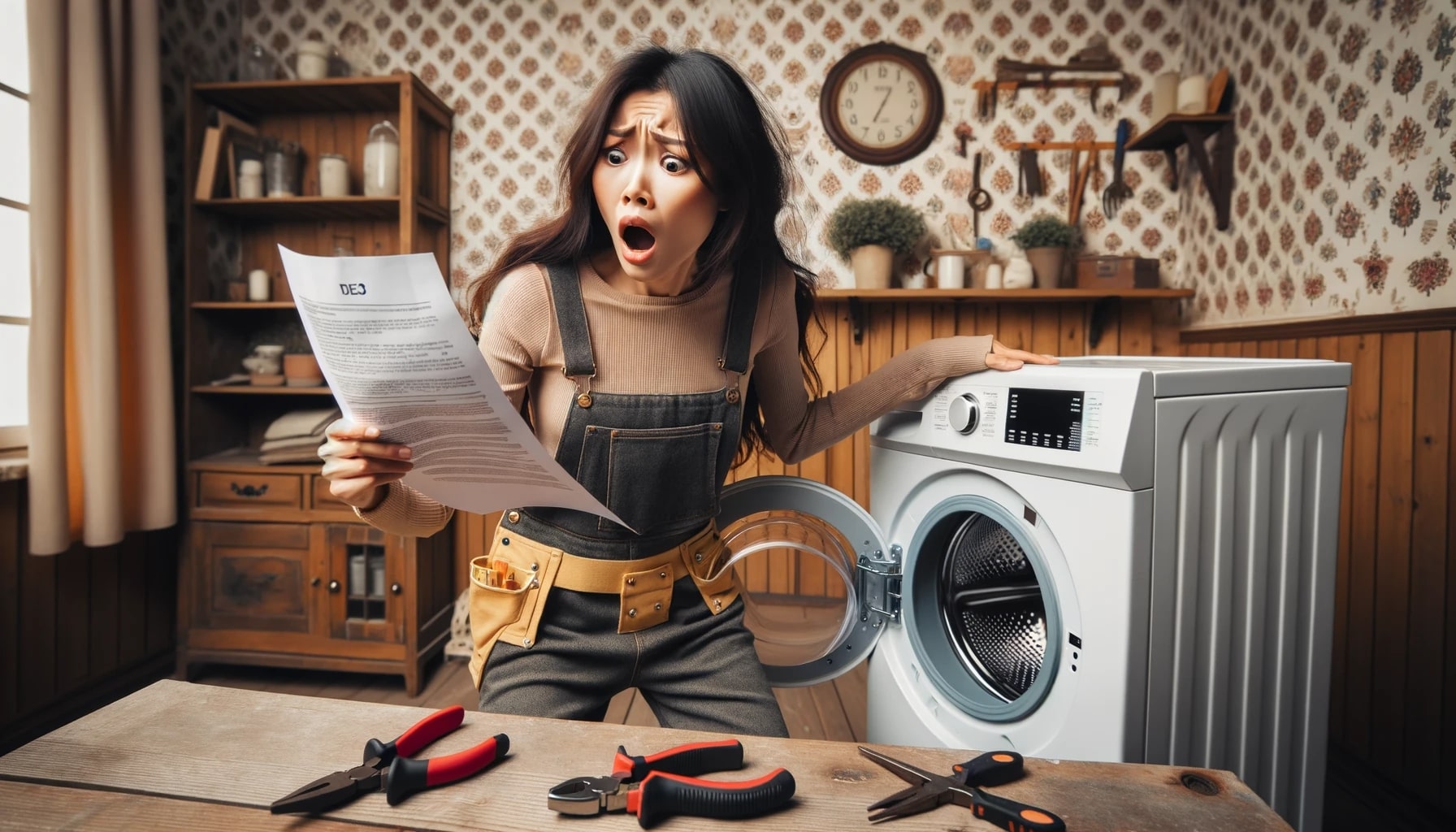 Photo of a desperate young Asian woman in work clothes, frantically looking at a washing machine manual in a cottage room. The walls are adorned with vintage wallpapers, and there's a wooden table with tools spread out.
