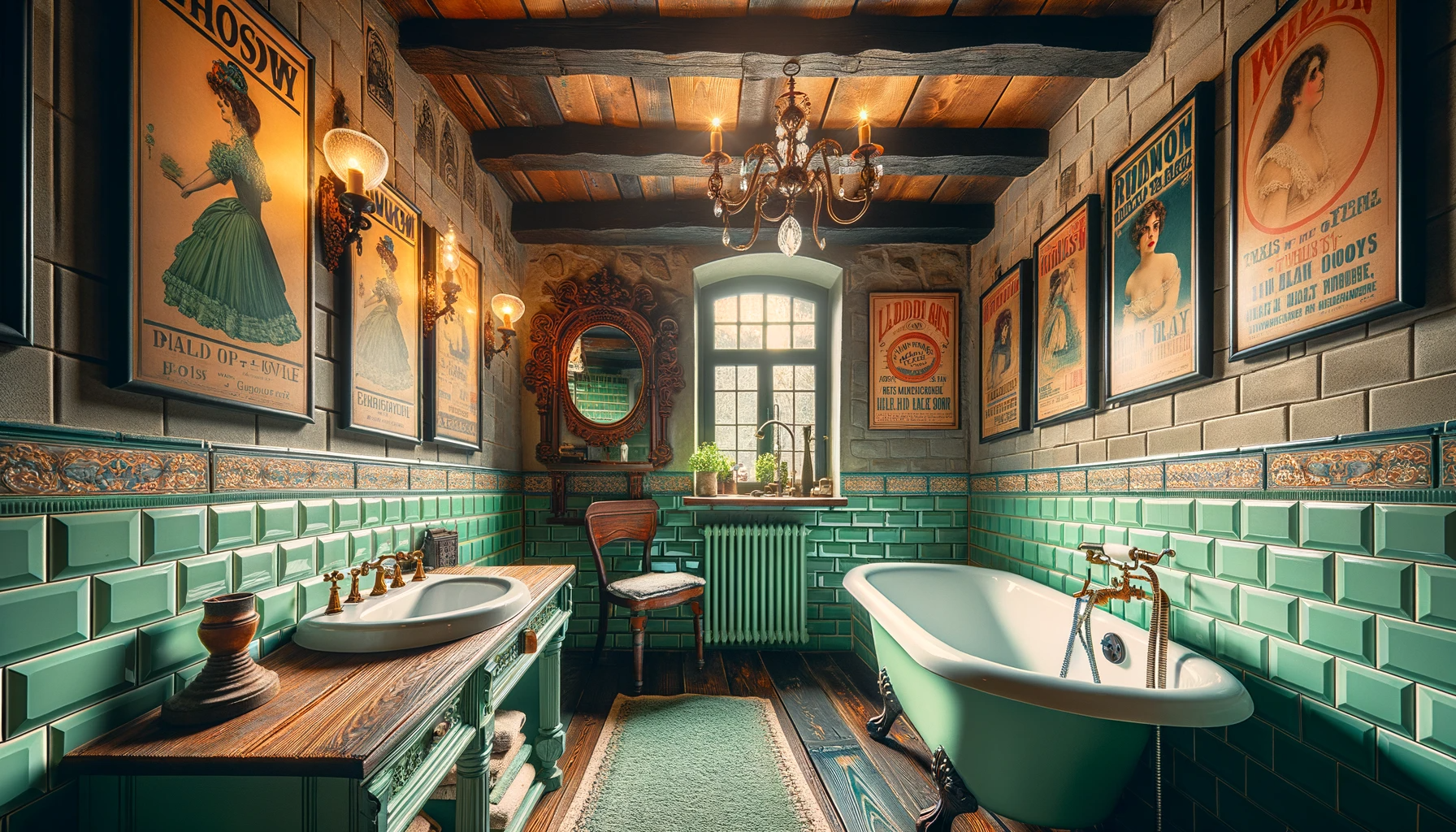 Photo of a retro bathroom inside a cottage, with mint green subway tiles, a clawfoot bathtub, and exposed wooden beams. Vintage posters adorn the walls, and the room is illuminated by rustic wall sconces and an ornate chandelier.