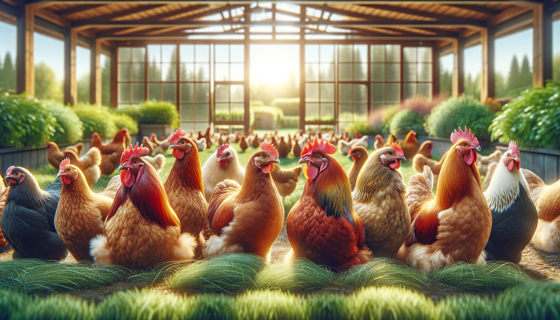  diverse chicken breeds in a spacious outdoor setting