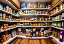 Well-organized pantry shelves with various food items.