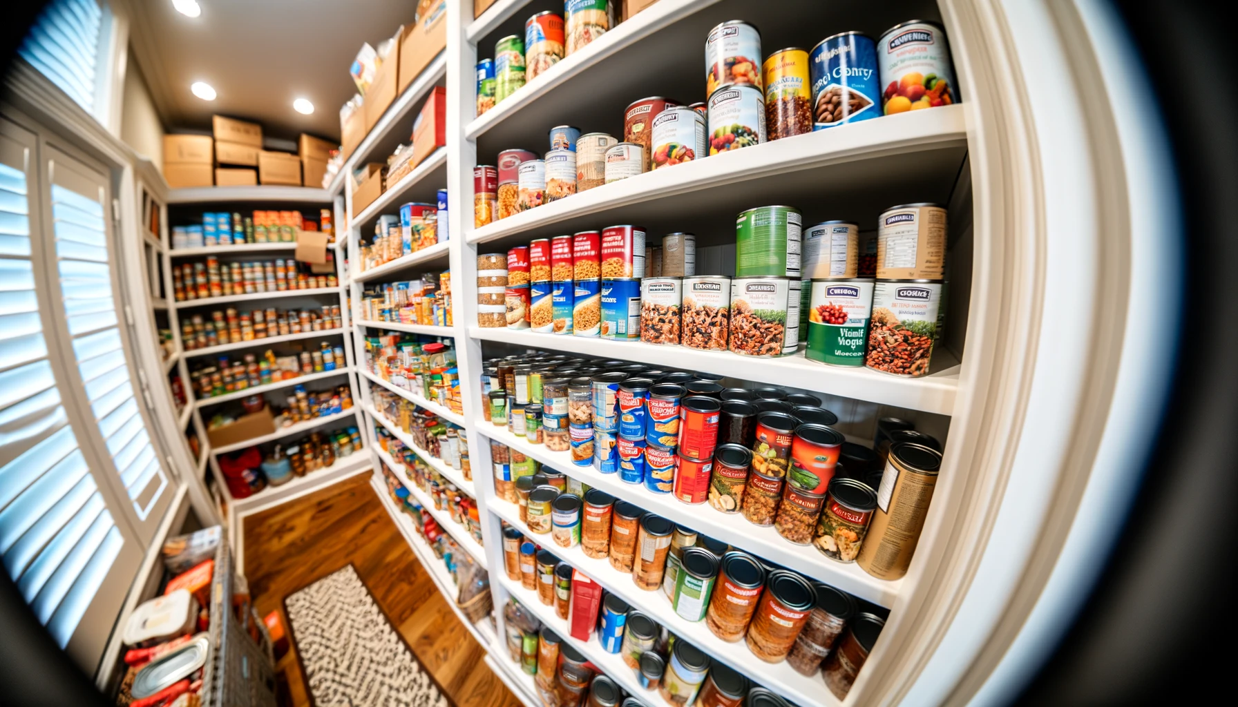 Well-organized pantry shelves with various canned goods.