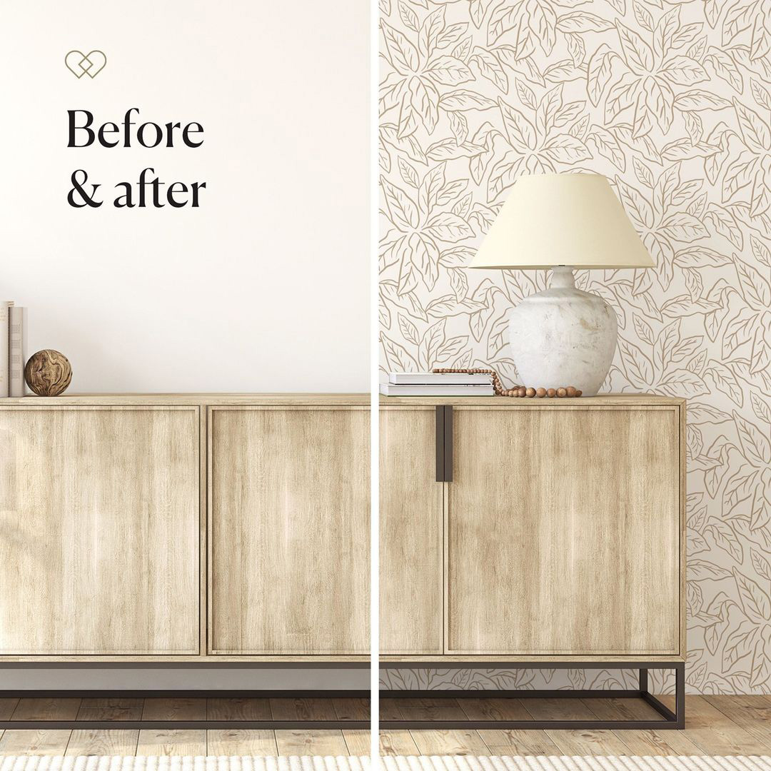 Room decor before and after wallpaper application.